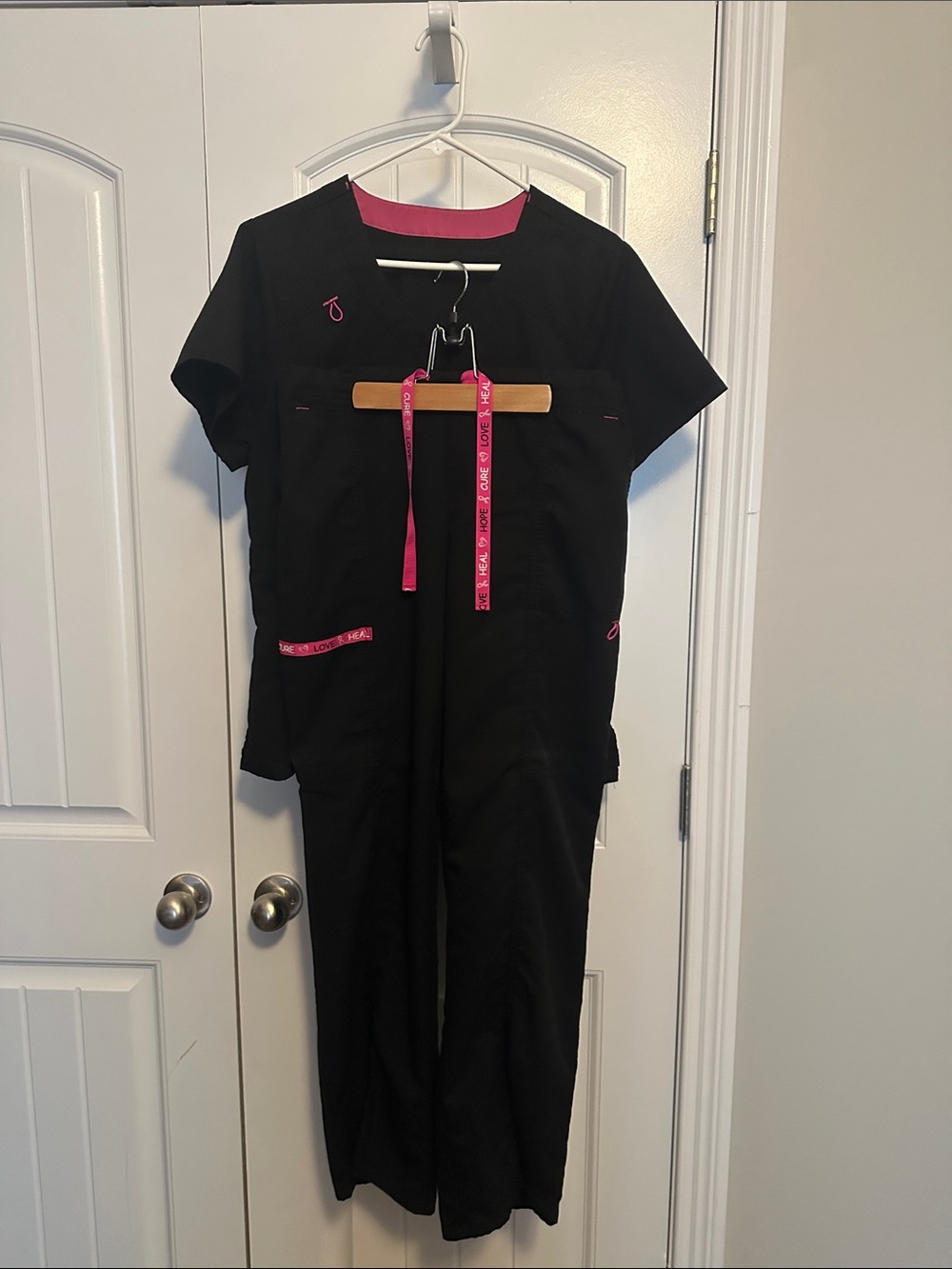 Scrubstar Black scrub Set with Pink Trim - breast cancer awareness - medium